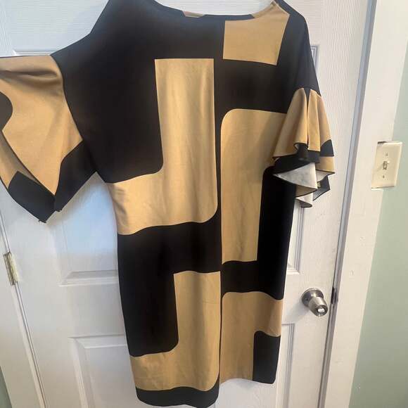 Black Tan Ashley Stewart Abstract Print Maxi Dress Size 14/16 Bell Sleeve - Picture 5 of 5